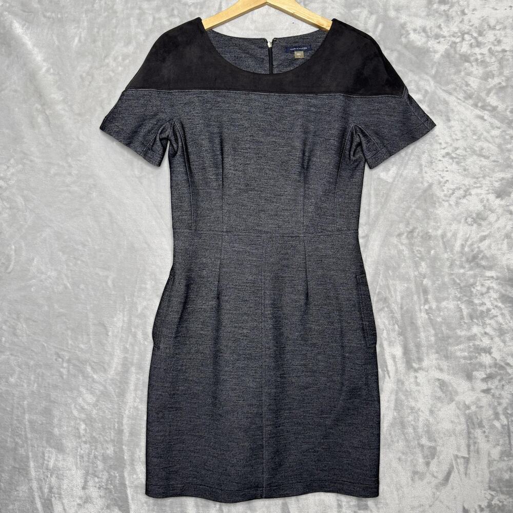 Tommy Hilfiger Dress Womens 6 Gray Short Sleeve Sheath Faux Suede Yoke Pockets